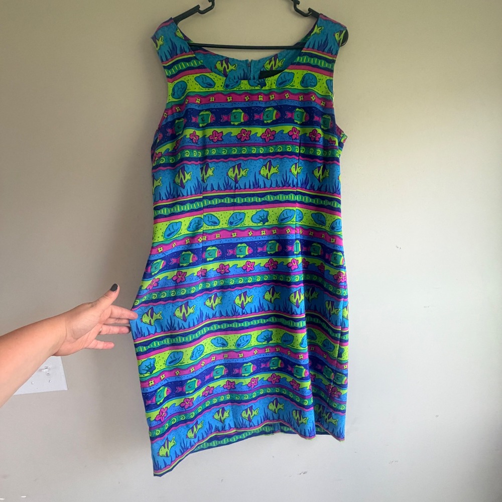 VTG Sag Harbor Fish Statement Sun Dress Womens 16 Artsy Tropical Eclectic Costal